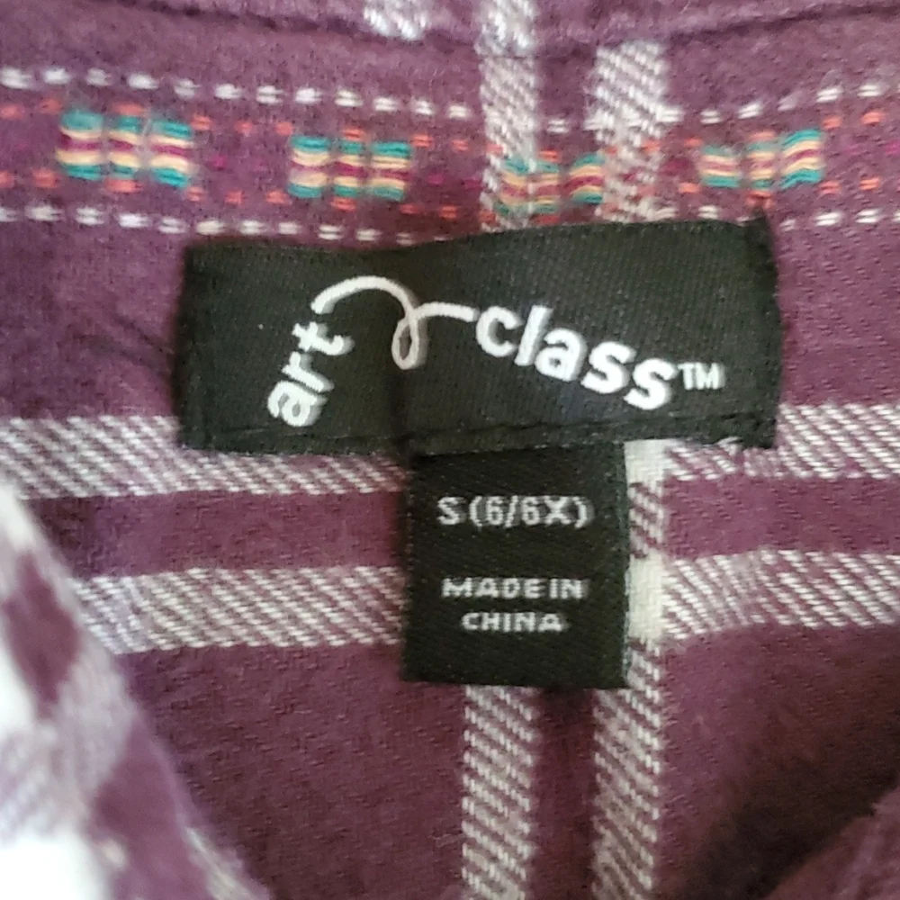 Art Class Girls Plaid Plum Flannel‎ Embroidered Long Sleeve Buttondown Shirt